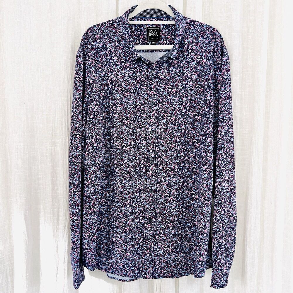NWT Jos A Bank Blue Floral Lightweight Satin Button Down Dress Shirt 2XLT Slim